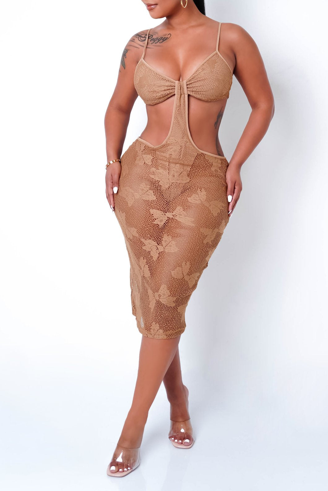 TAN MIDI MESH DRESS