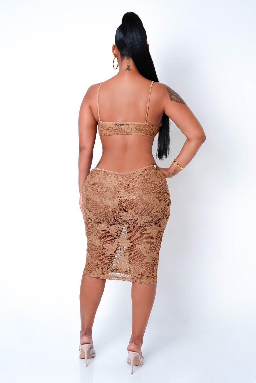 TAN MIDI MESH DRESS