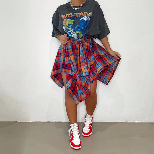 WINE PLAID TIED SLEEVE FAKE SHIRT SKIRT